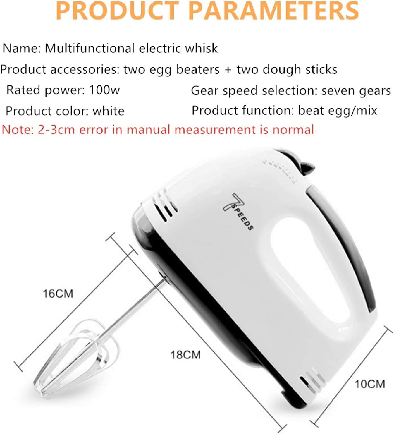 KouRy Multifunctional Electric Whisk Double Stick Configuration Seven Speed Adjustable Hand-Held Egg White Cream Mixer Small Baking Kitchen Appliances (White)