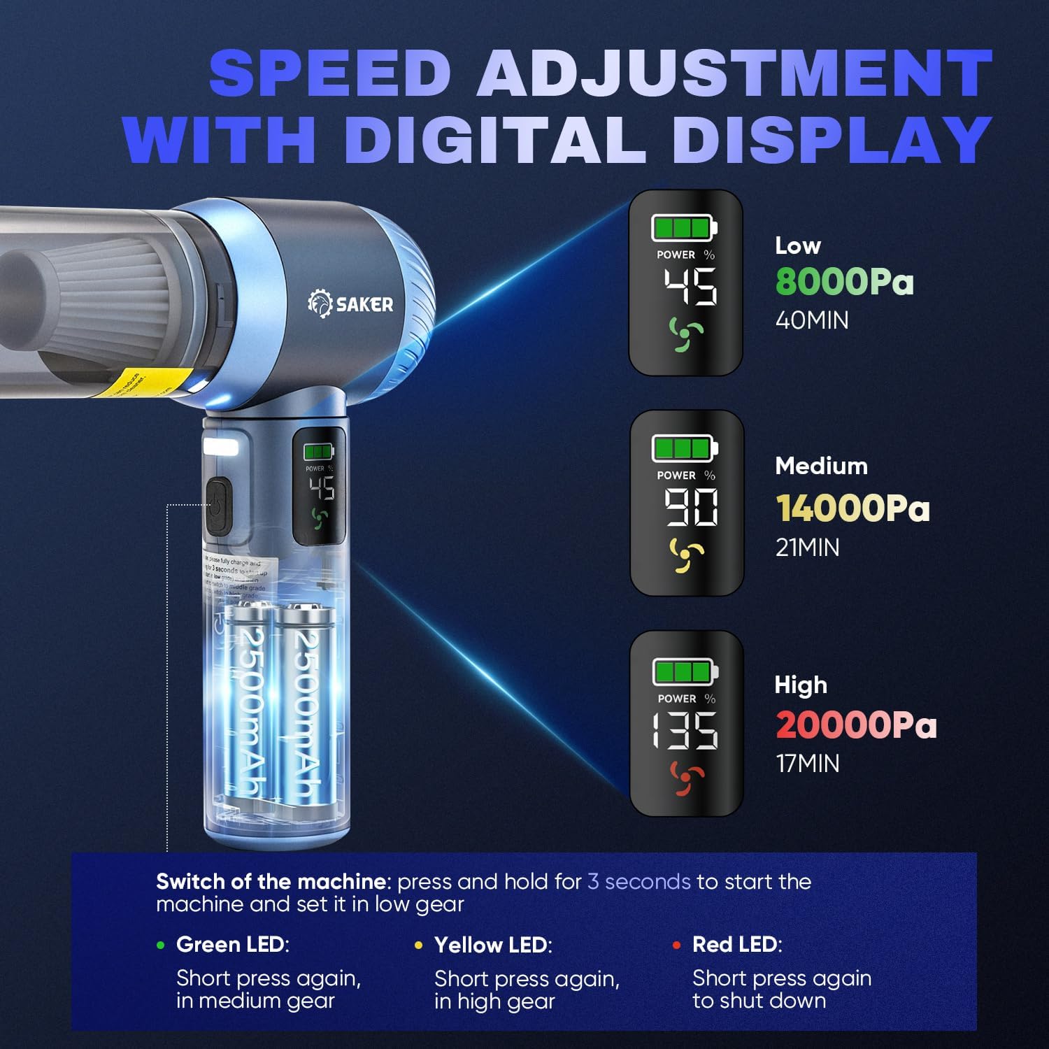 Saker Car Vacuum Cleaner HL157 4-in-1 Cordless Handheld Vacuum with 20000Pa Suction & LED Light + Original HEPA & Steel Filter Set (4PCS), Portable for Car, Home, Office, Pet Blue