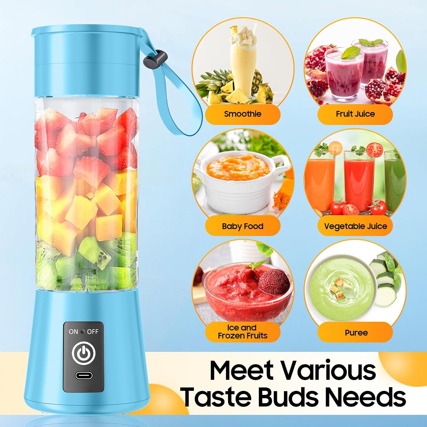 Portable Personal Size Smoothies Blender - Upgraded 6 Blades Cordless Blender with 380Ml Juice Cup & USB Rechargeable, Convenient for Travel Sports Picnic