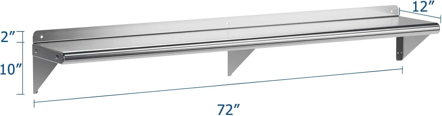 Garvee 12 in x 72 in Stainless Steel Shelf NSF Certified Appliance & Equipment Metal Shelving Mount Shelf with Backsplash for Kitchen, Restaurant, Garage, Laundry, Utility Room