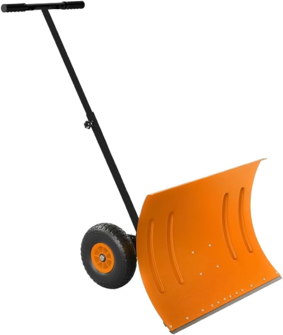 20-inch Wide Adjustable Wheeled Snow Shovel with 5 Angle and Height Handle Settings for Sidewalks and Yards(Orange)