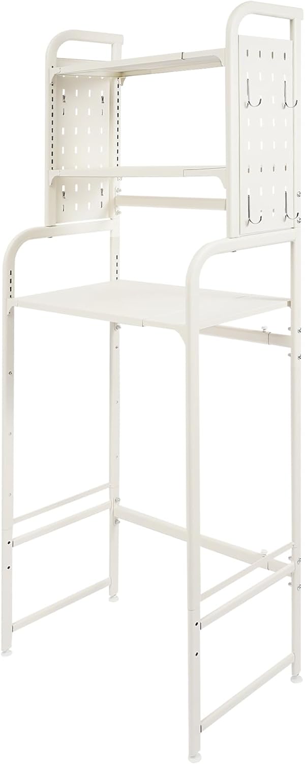3 Tier Over The Washer and Dryer Storage Shelf, Height Adjustable Heavy Duty Laundry Room Organizer, Bathroom Storage Rack with Hook & Hanging Rod, Space Saving Standing Shelf (White)