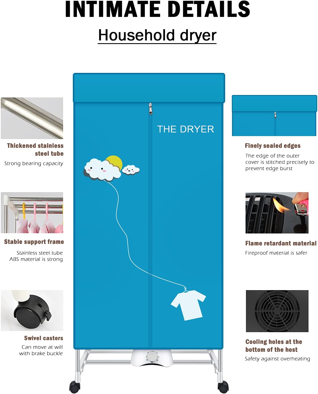 Portable Dryer, 110V 1000W Electric Clothes Dryer Machine, Double Layer Stackable, Stainless Steel, Blue, 15kg Capacity, Front Load, Ideal for Apartments, RV, Families, Campers