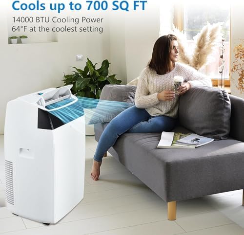 14,000 BTU Portable Air Conditioner with Cooling, Fan & Dehumidifier, Remote Control, Smart and Sleep Mode, 3-Speed Settings, Auto Swing, Ideal for Large Rooms, Offices,Black Lid Design