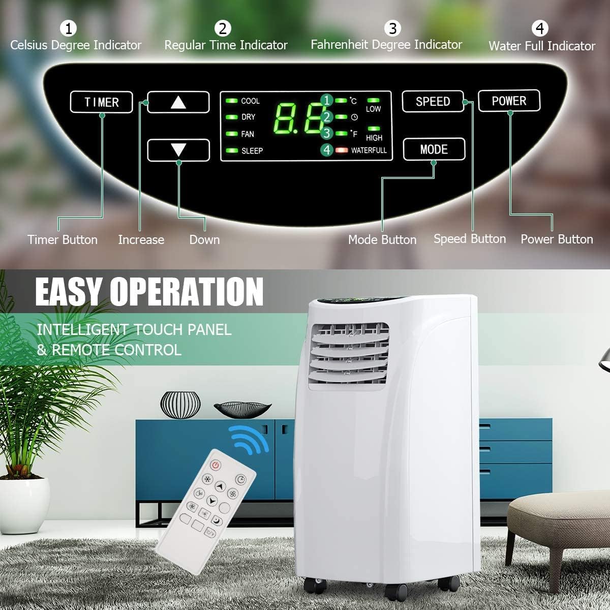 S AFSTAR Portable Air Conditioner 8000 BTU, 3-in-1 Air Cooler with Remote Control, LED Display & Wheels for Home