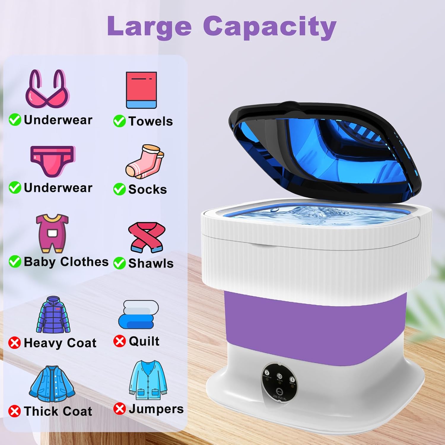 Portable Washing Machine, 16L Foldable Mini Washing Machine & Spin Dryer, Collapible Compact Washer, Small Folding Laundry Washer, Socks, Baby Clothes, Underwear, Dorm, Camping, Apartment, RV, Purple