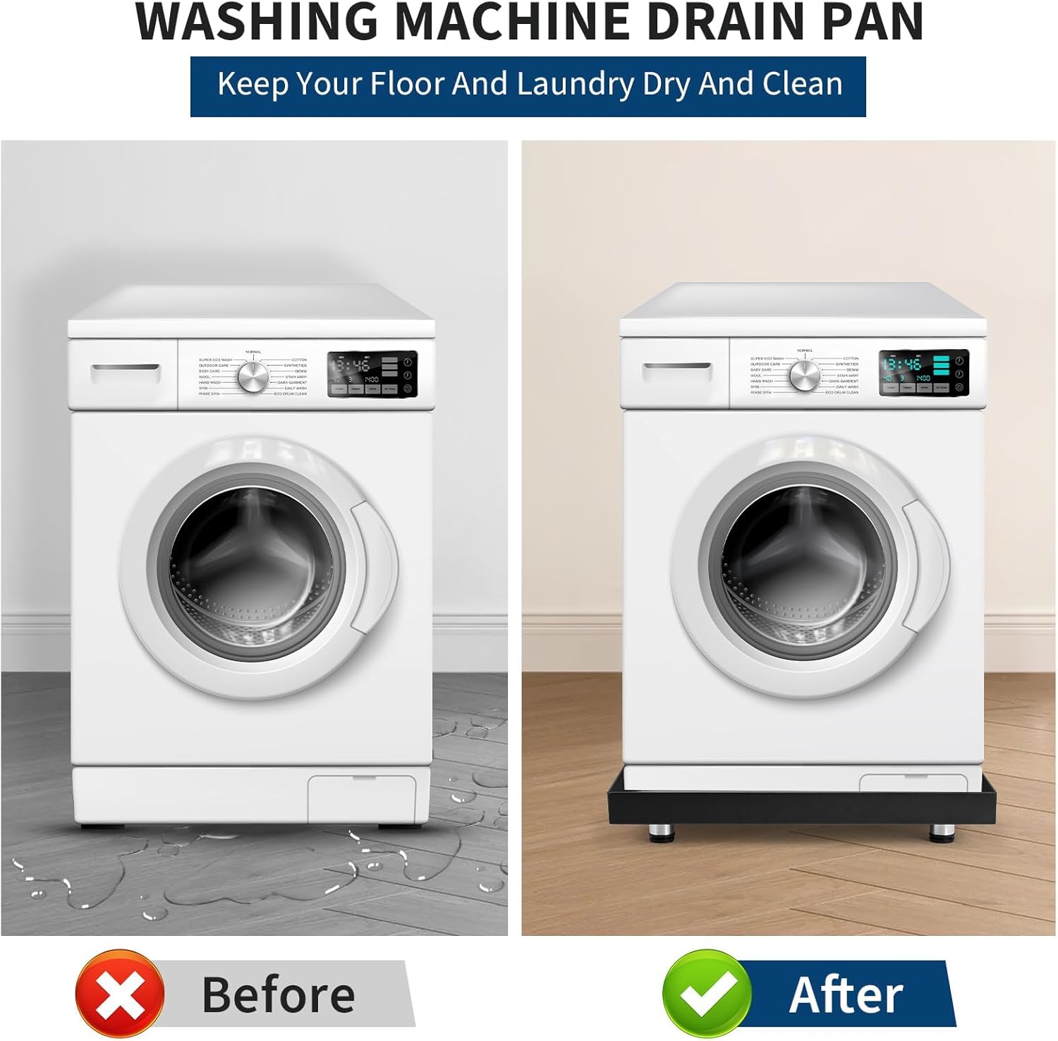 24x24 Inch Washing Machine Pan, Heavy-Duty Carbon Steel Rust-Proof Leak Protection Tray with 4 Anti-Vibration Feet, Floor Damage Prevention, Washer Drip Tray (without Drain Hole)