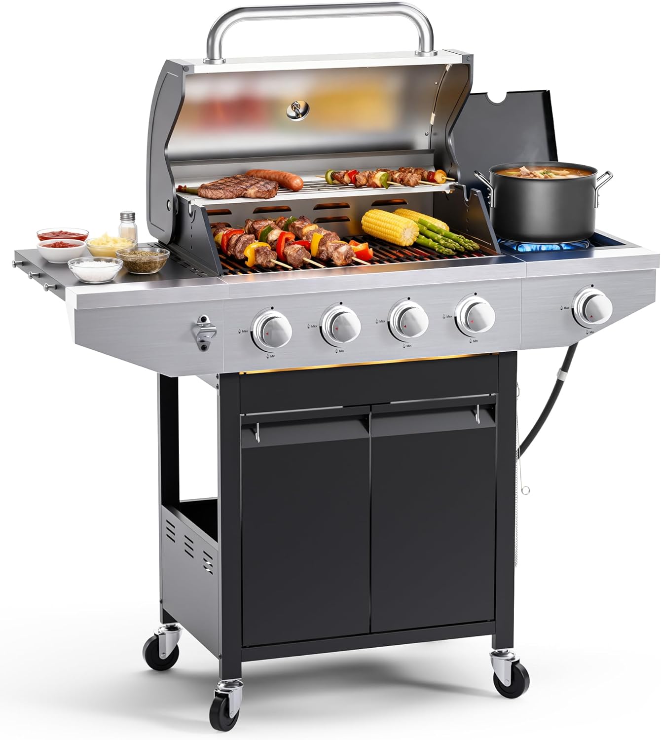 4-Burner Propane Gas BBQ Grill with Side Burner, 46,500 BTU Output Stainless Steel Barbecue Grill with Enameled Cast Iron Grates and Side Tables for Outdoor Cooking Kitchen and Patio Backyard