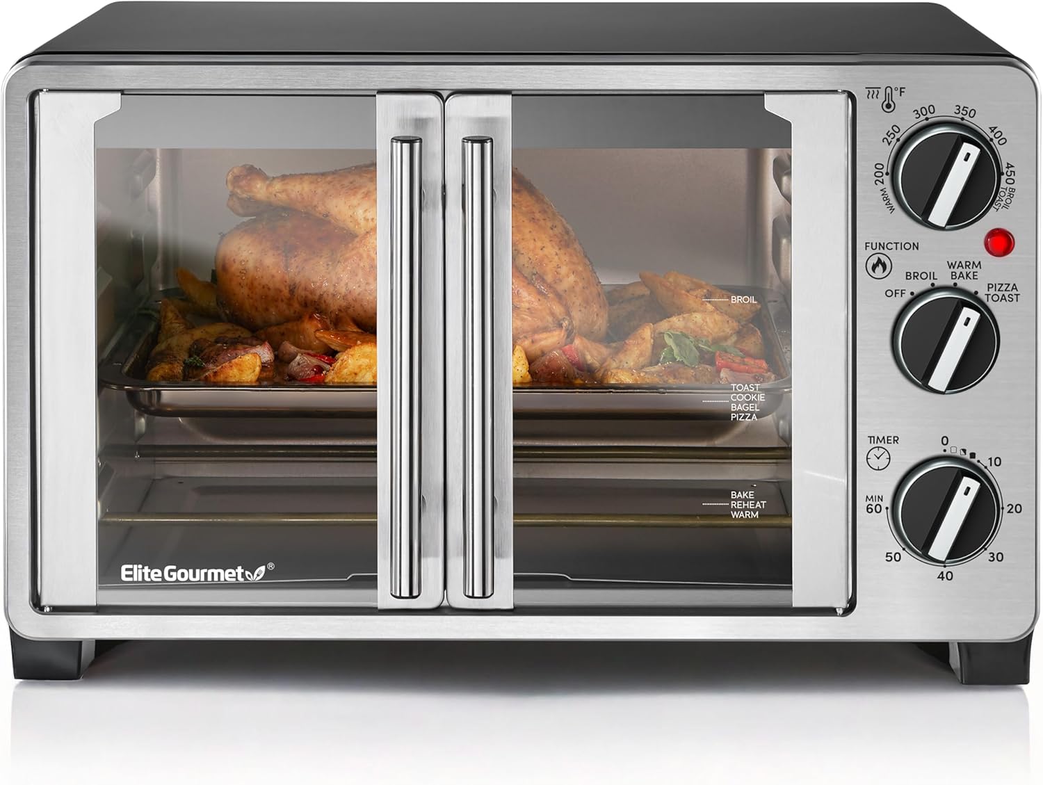 Elite Gourmet ETO2530M Double French Door Countertop Toaster Oven, Bake, Broil, Toast, Keep Warm, Fits 12