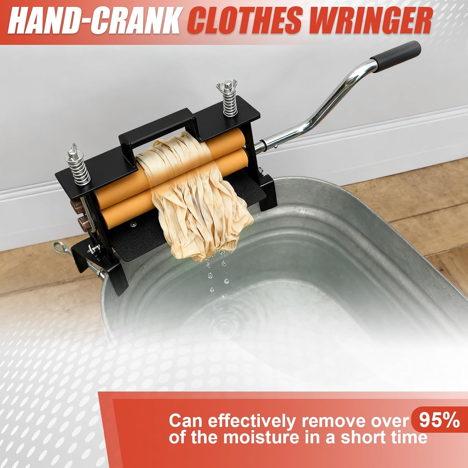 Hand-Crank Clothes Wringer - Solid Wood Tan Rollers, Removes 95% Water, Portable Laundry Dehydrator for Efficient Water Removal
