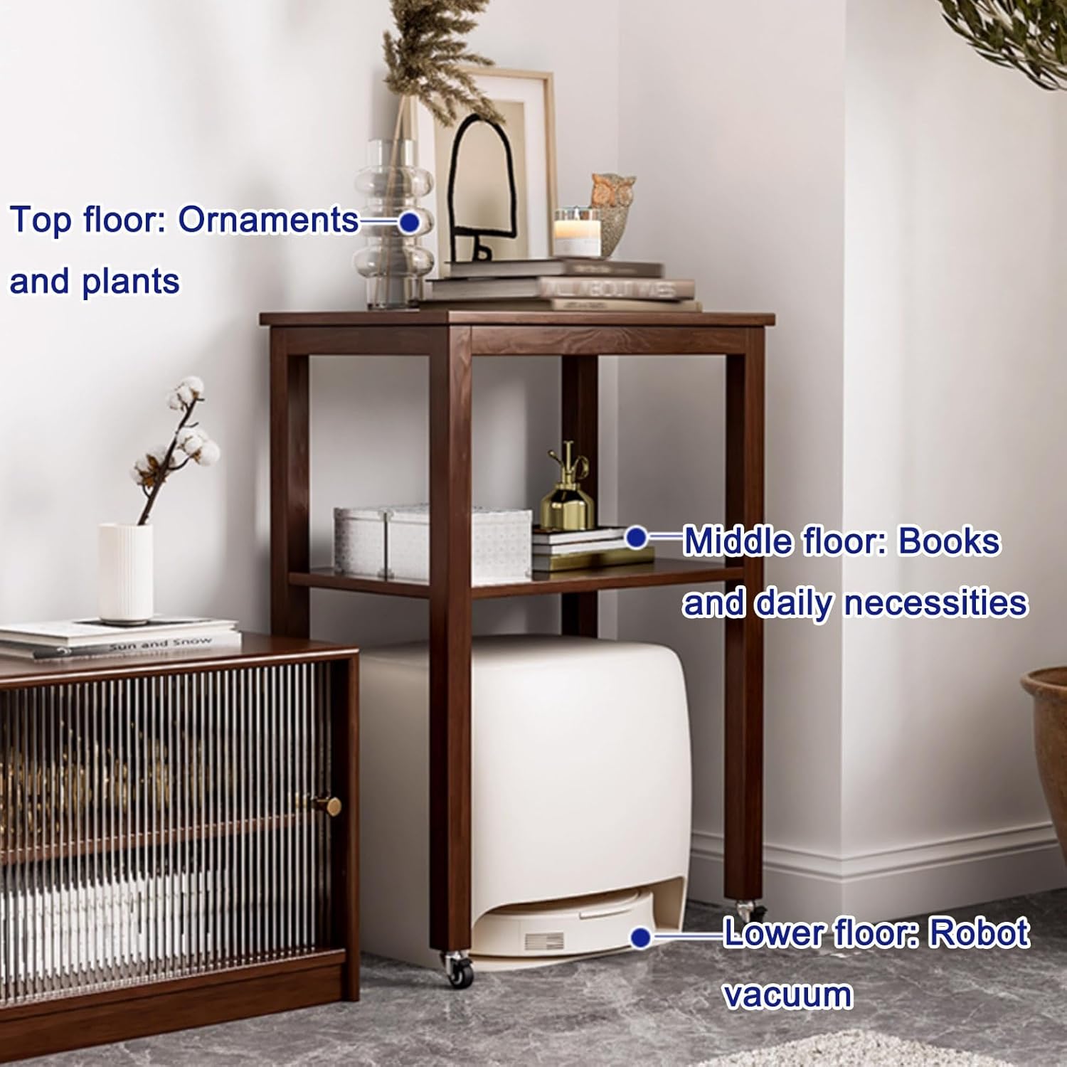 Sweeping Robot Storage Rack, Entryway Hallway Double-Tier Robot Vacuum Cleaner Shelf with Adjustable Shelves, Wood Freestanding Rack, for Living Room Kitchen