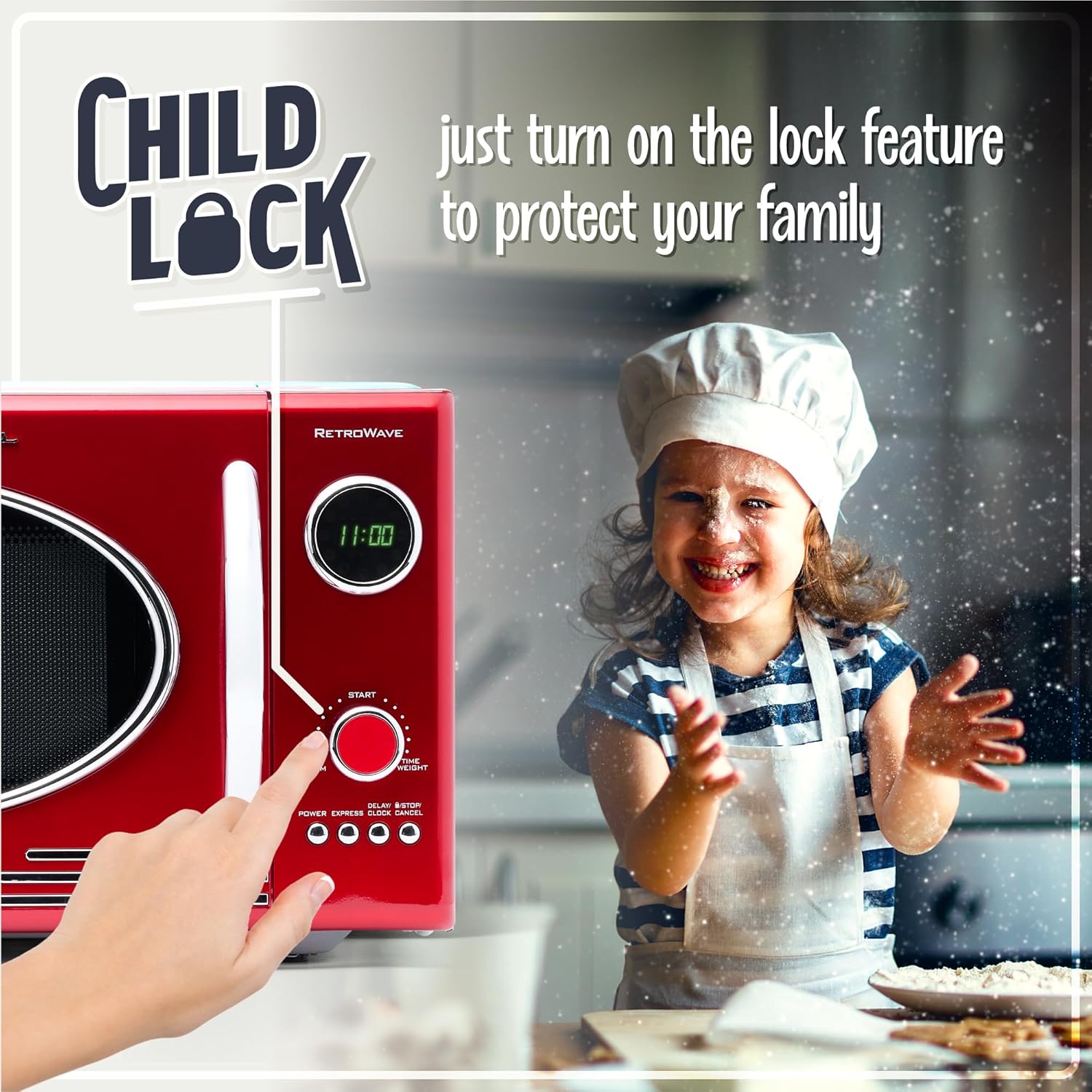 Nostalgia RMO4RR Retro Large 0.9 cu ft, 800-Watt Countertop Microwave Oven, 12 Pre-Programmed Cooking Settings, Digital Clock, Easy Clean Interior, Metallic Red