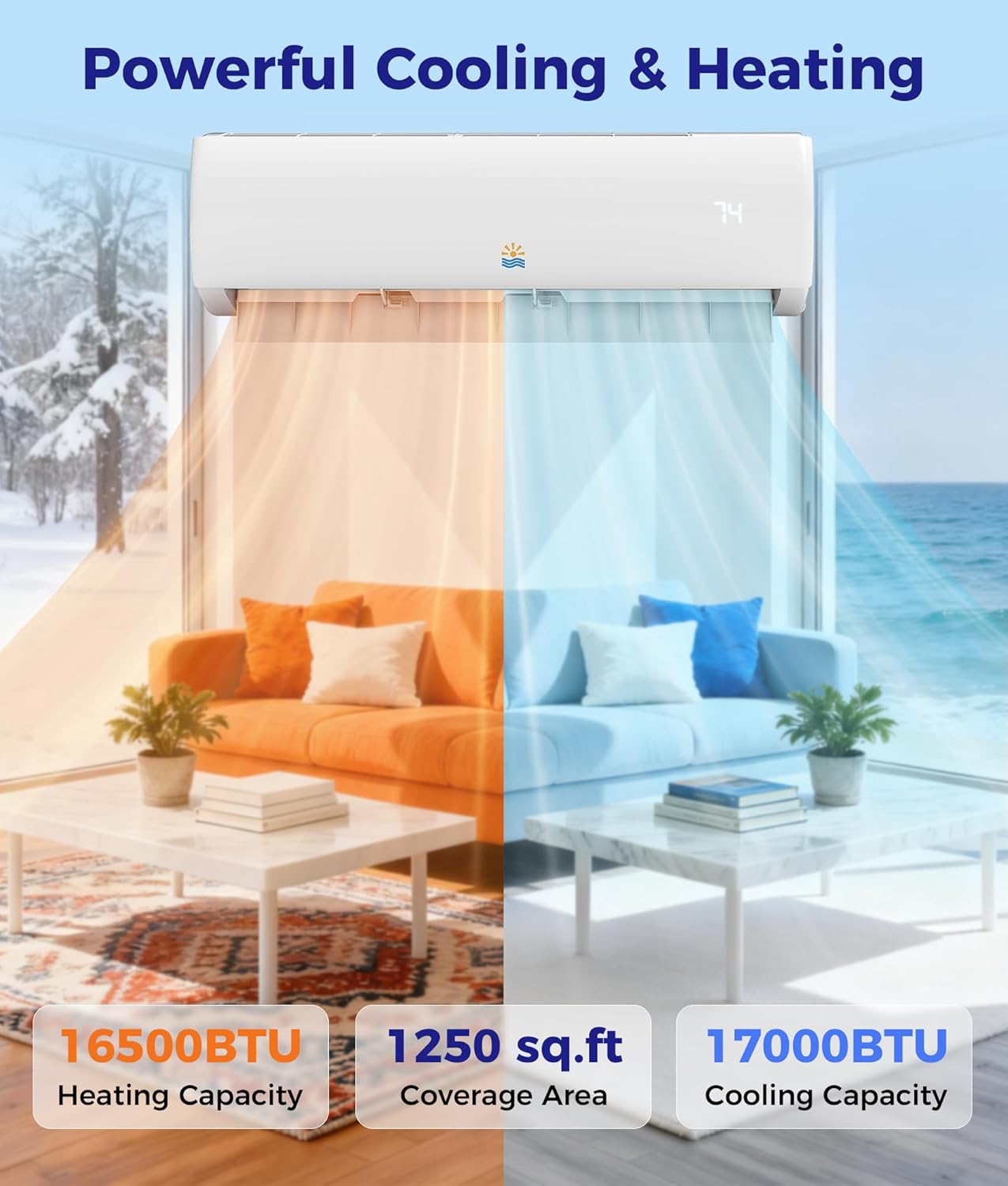 Mini Split Ac/Heating System - 17000 BTU Ductless Mini Split Air Conditioner with Heat Pump, 17 SEER2 230V Energy Efficient Ac Unit Up to 1250 Sq.Ft, Complete Installation Kit