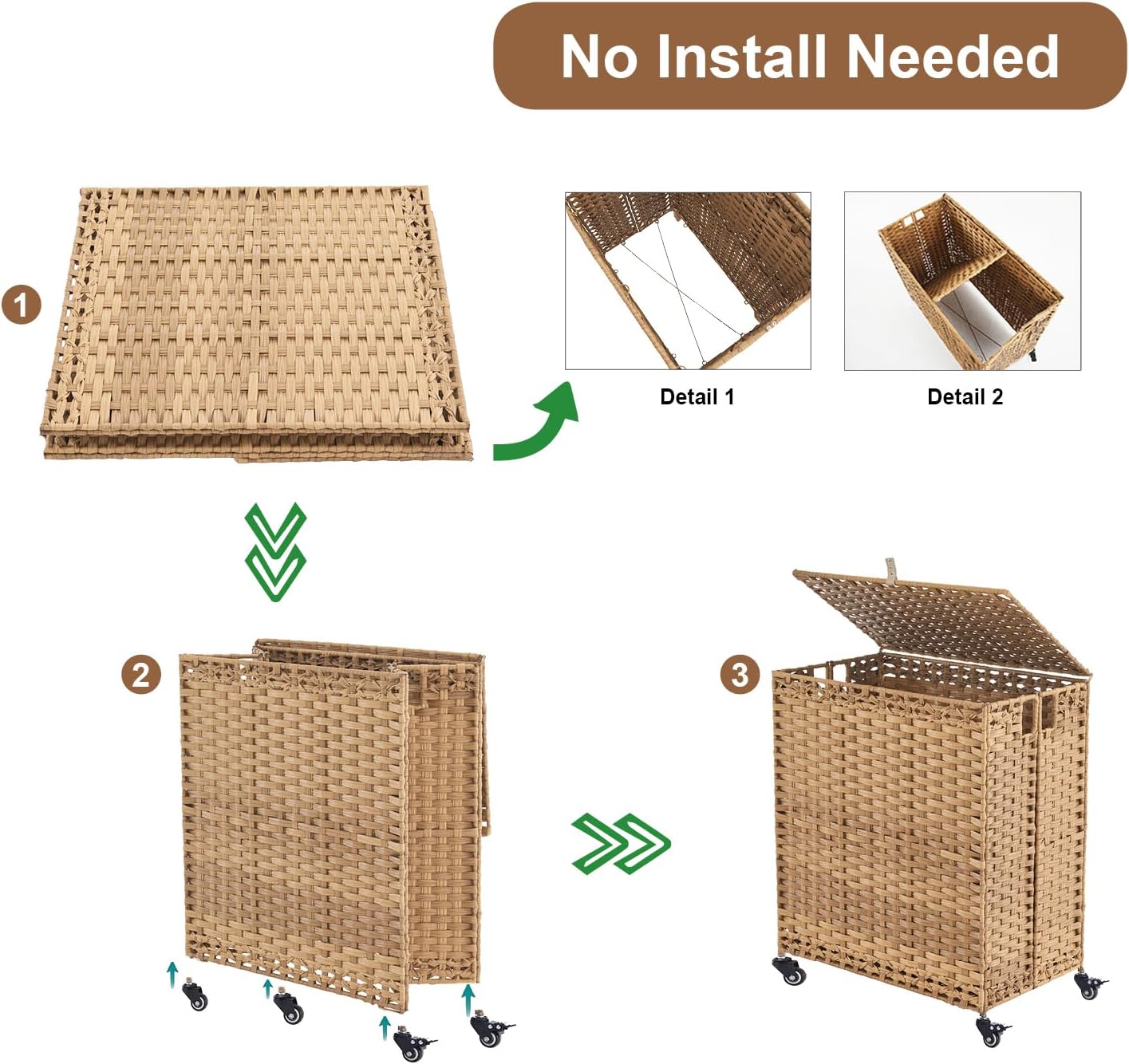 Laundry Hamper with Wheels&Lid, 50.2 Gallons(190L) Rolling Laundry Basket with Wheels, 3-Section Laundry Hamper, Handwoven Rattan Clothes Hamper with 6 Removable Liner& 3 Mesh Laundry Bags, Natural