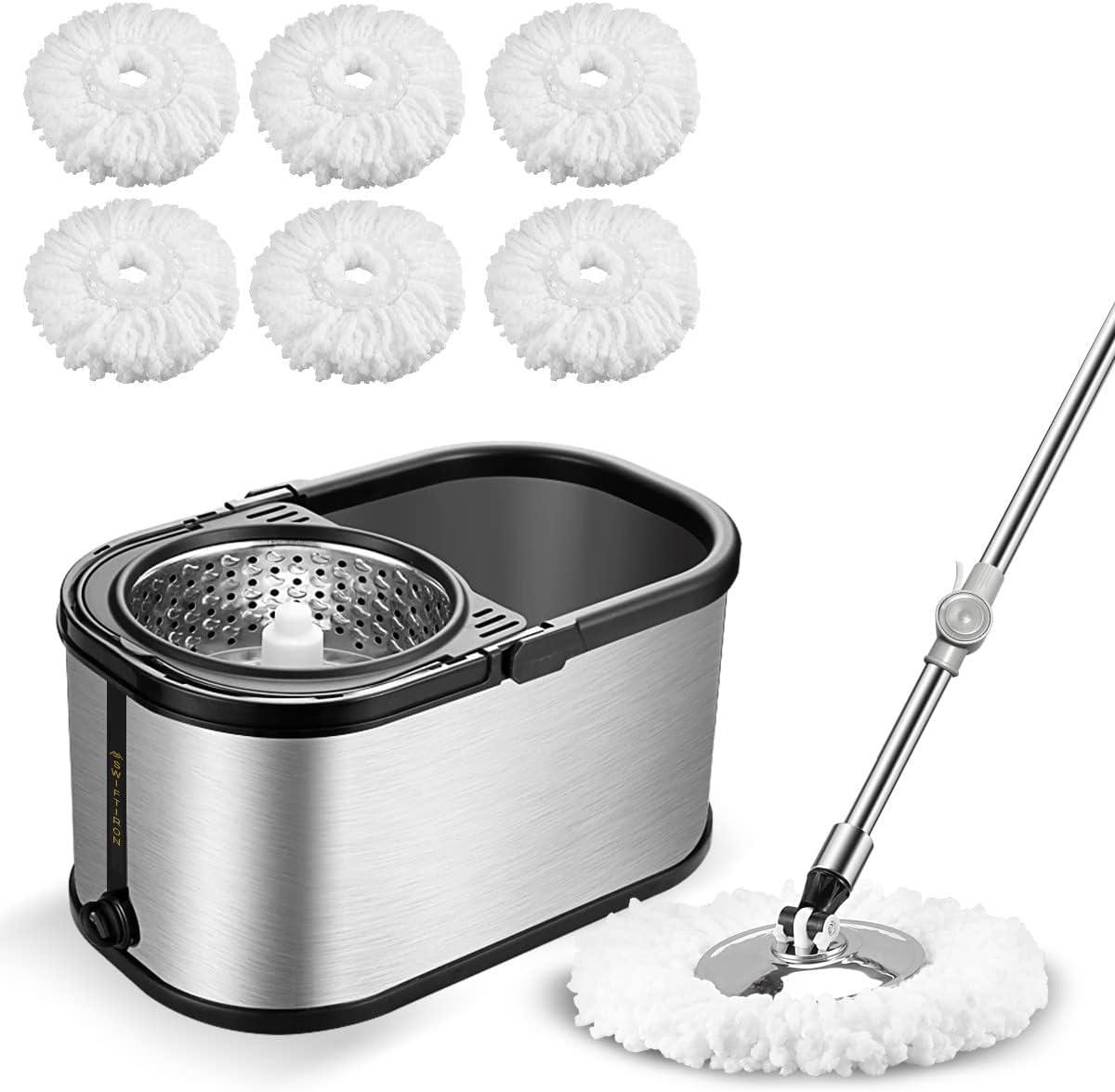 Spin Mop Bucket System Stainless Steel Bucket and Mop Set with 6 Microfiber Replacement Head Refills, Floor Mop with 4 Wheel