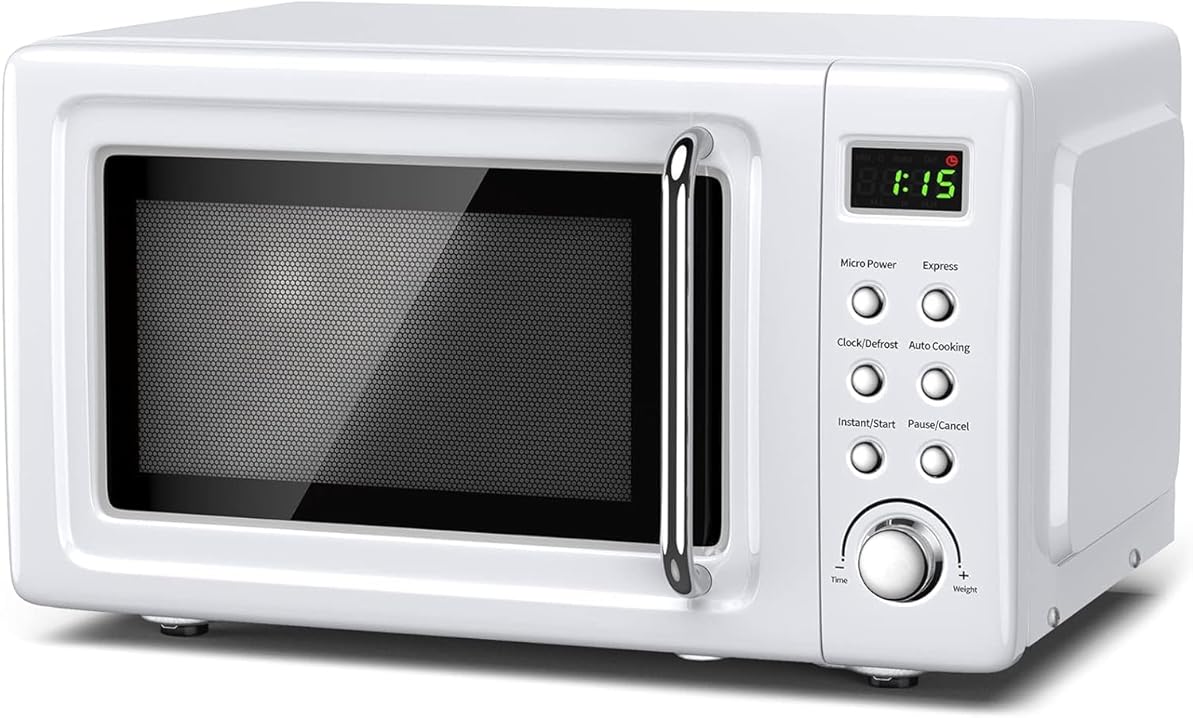 Retro Microwave Oven, 0.7cu.ft Countertop Microwave with Removable Turnable & Child Lock, Small Compact Microwaves w/8 Auto-cooking Set, Defrost, 5 Micro Power & Timer, 700W, White