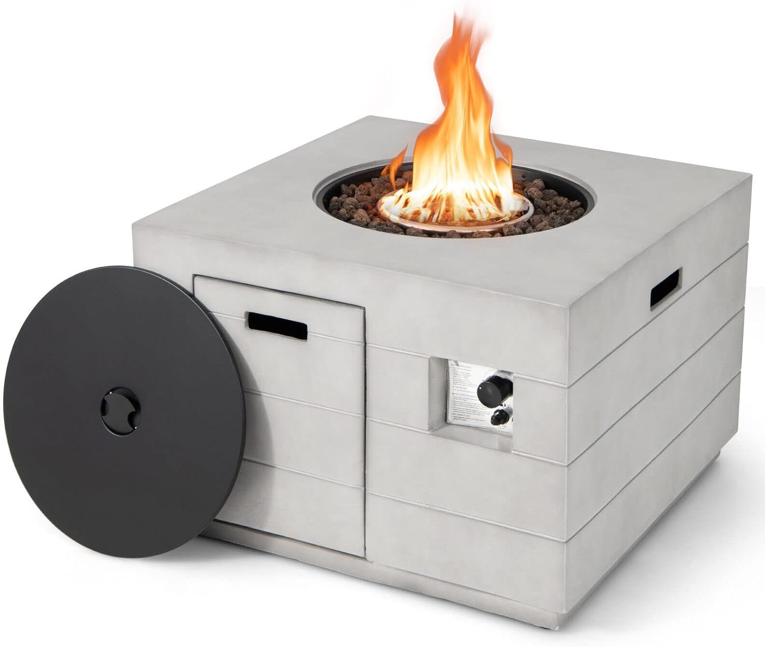 2 in 1 Design Square Concrete Propane Gas Fire Pit Table Patio Coffee Table with Lava Rock PVC Cover 50,000 BTU Heating Output Stainless Steel Burner Perfect for Backyard Poolside Garden Use