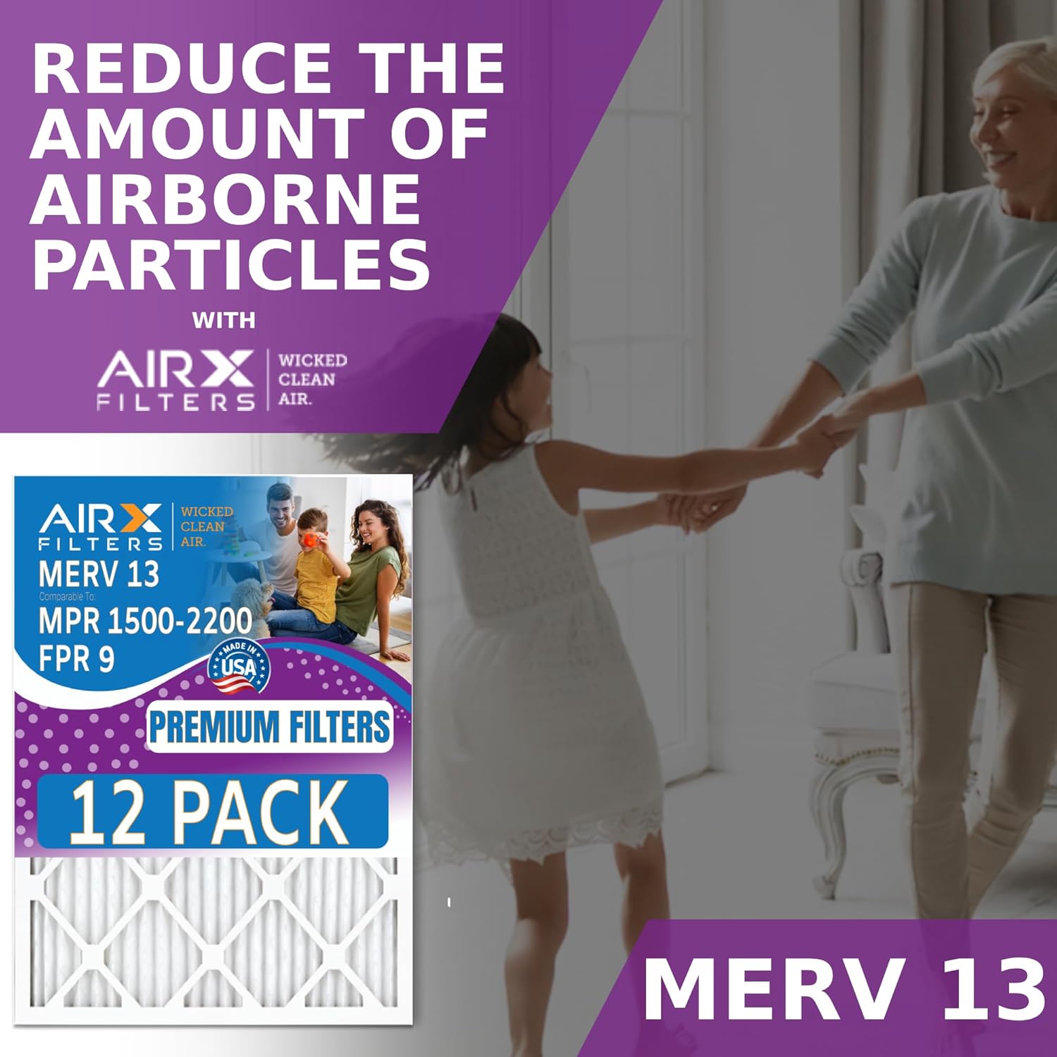 10x20x1 Air Filter MERV 13 Rating, 12 Pack of Furnace Filters Comparable to MPR 1500-2200 & FPR 9 - Made in USA by AIRX FILTERS WICKED CLEAN AIR.