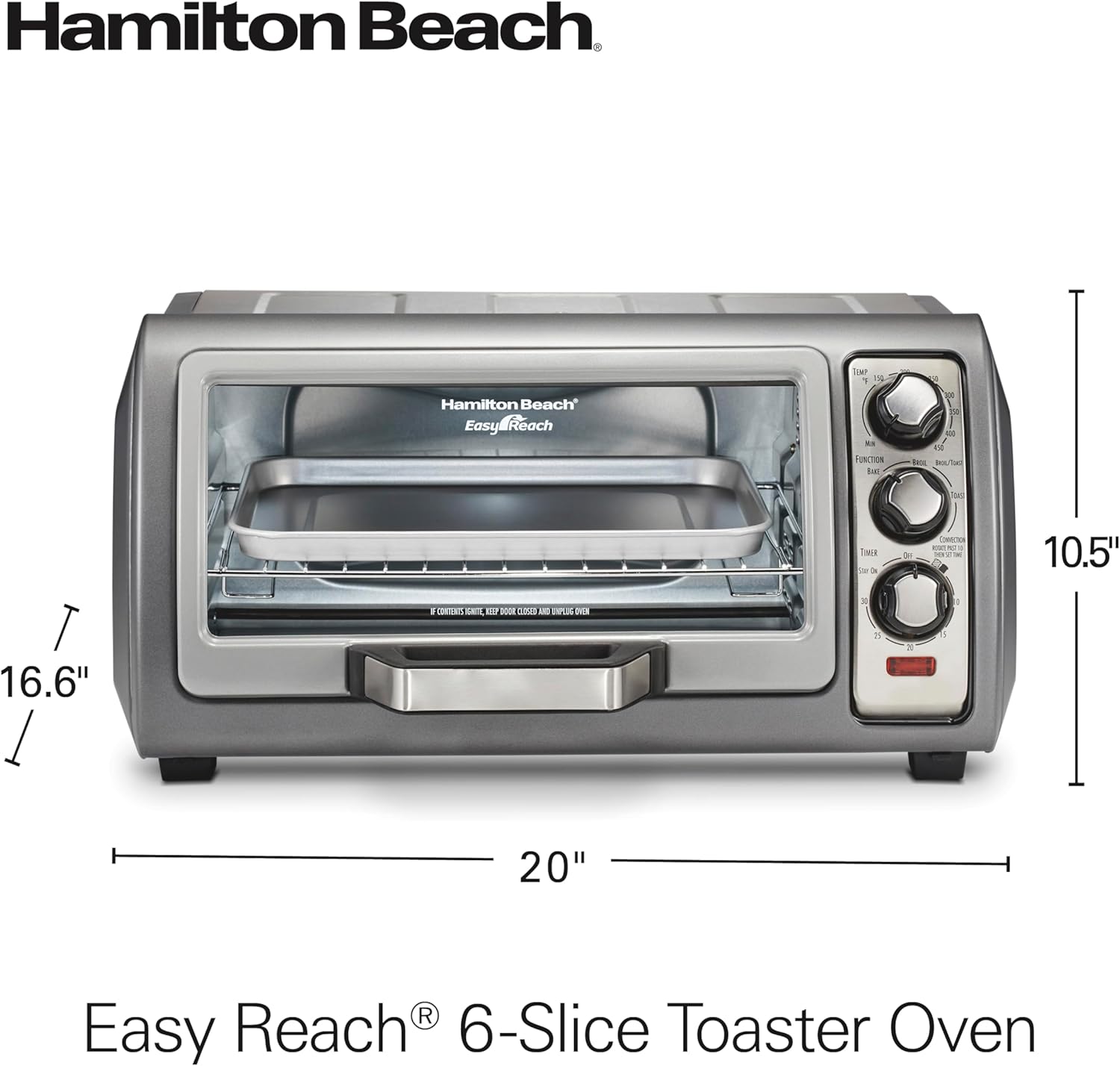 Hamilton Beach 6 Slice Convection Toaster Oven With Easy Reach Roll-Top Door, Bake, Broil & Toast Functions, Auto Shutoff, Silver (31123DA)