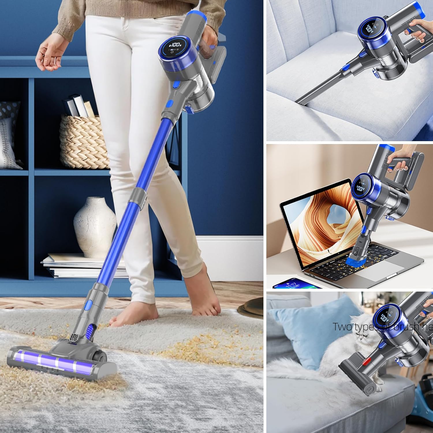 Cordless Vacuum Cleaner, 33 KPA 45 Mins Vacuum Cleaners for Home, 8 in 1 Lightweight Self-Standing Stick Vacuum with Touch Screen, Ultra High-Power Brush for Pet Hair/Plush Carpet/All Floor