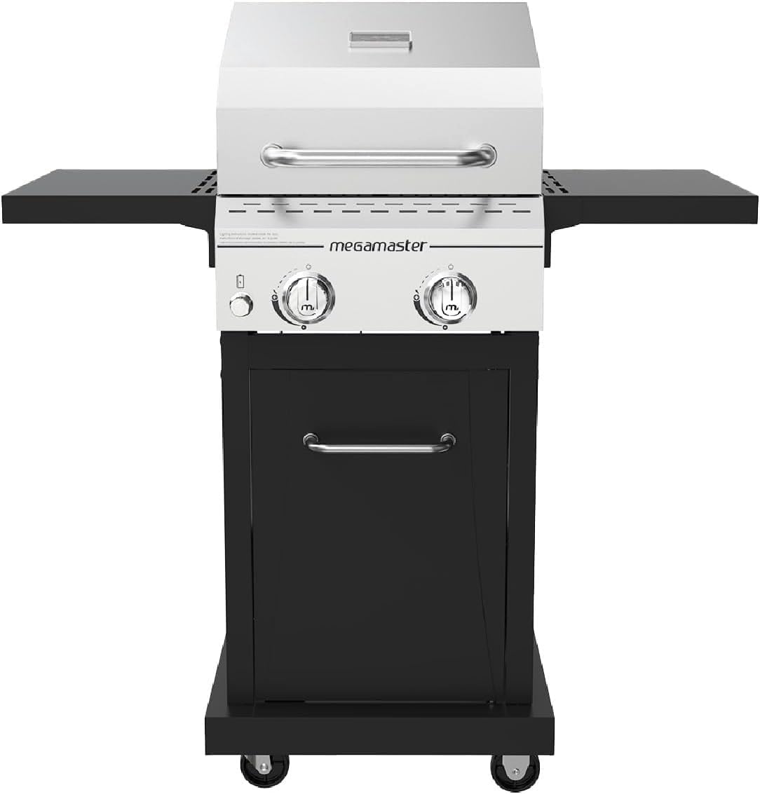 Megamaster Deluxe 2-Burner Gas Grill with Foldable Side Tables, 418 SQ In Cooking Space, 28000 BTUs, Stainless Steel Lid, Propane BBQ Grill for Outdoor Cooking, Patios, Backyards and More - 720-0864MA