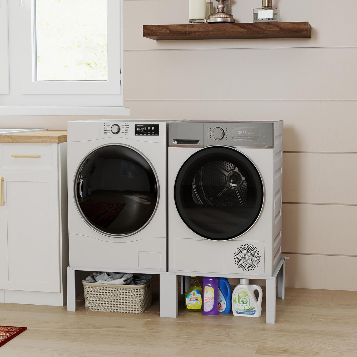 Washer Dryer Pedestal Stand, Laundry Pedestal Set, Universal Design Fits all Major Brands, Heavy Duty Frame, Thick Anti Vibration Pads, White