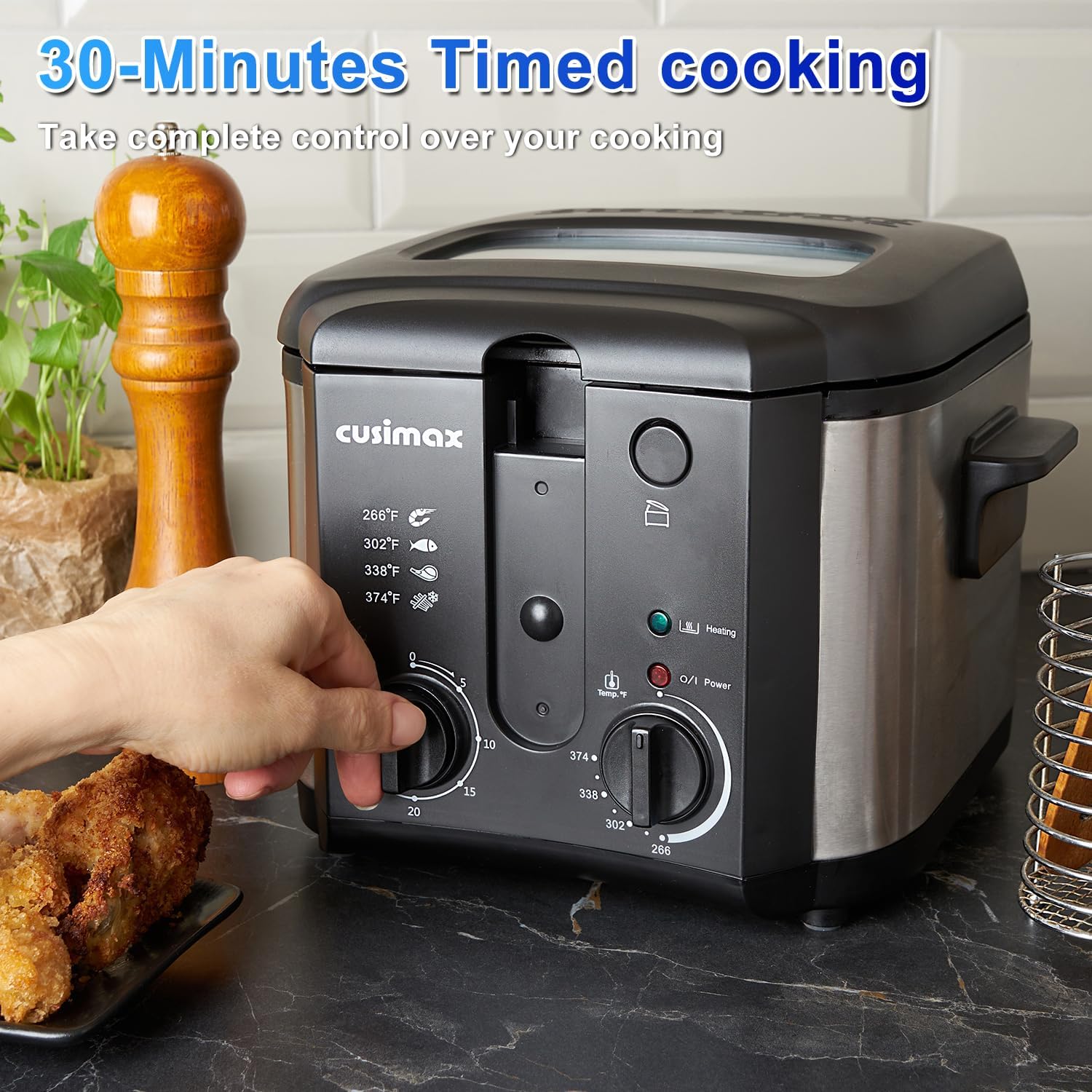 CUSIMAX Electric Deep Fryer for Home Use, 2.5 Liter 1500W Small Deep Fryer with Basket, Adjustable Temperature & Time, Lid with View Window and Odor Free Filter