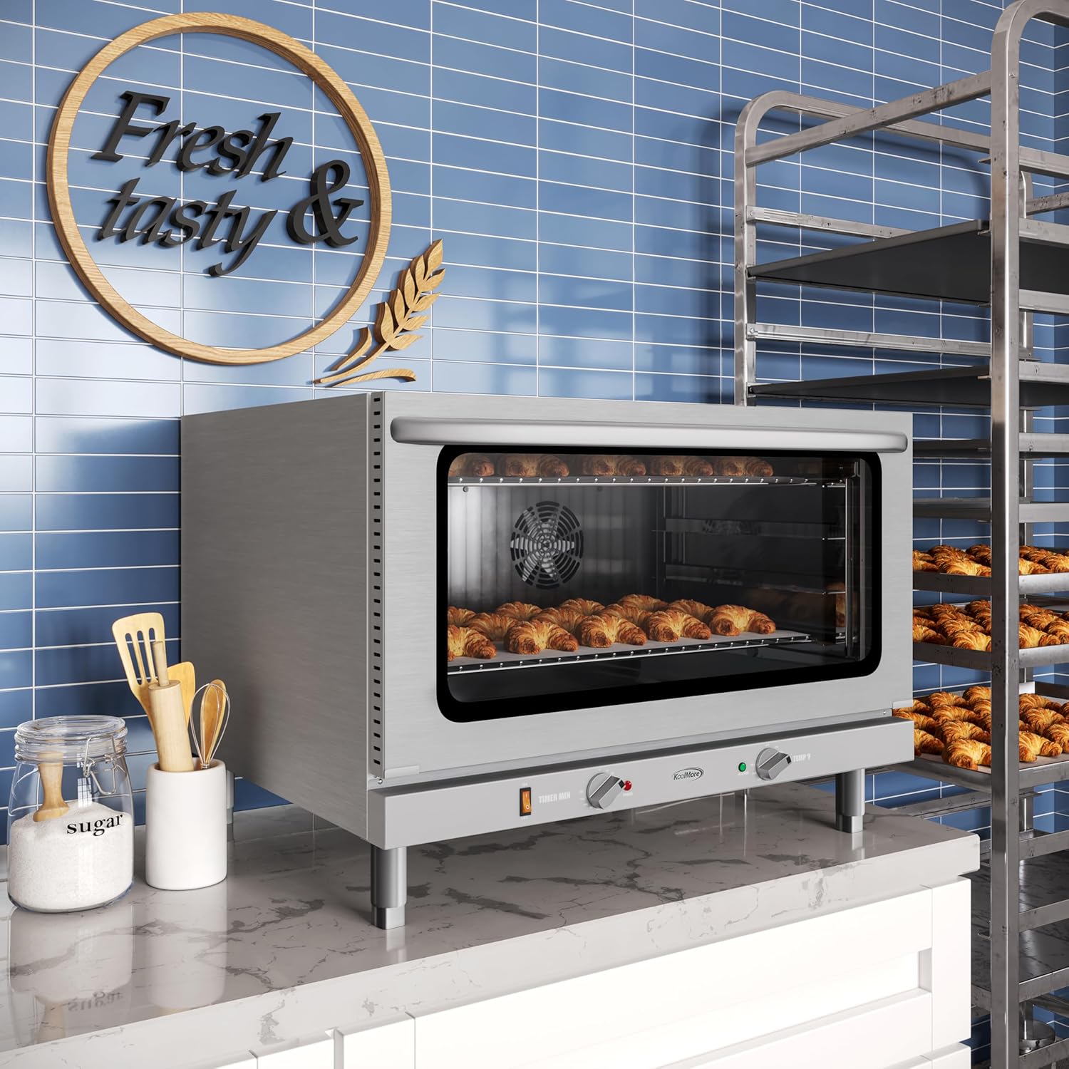 KoolMore 32 in. Commercial Countertop Convection Oven, Holds Full Size Pans, 4 Racks and 3500W of Power, 240V in Stainless-Steel, ETL Listed for Safety and Sanitation (KM-CTCO-44)