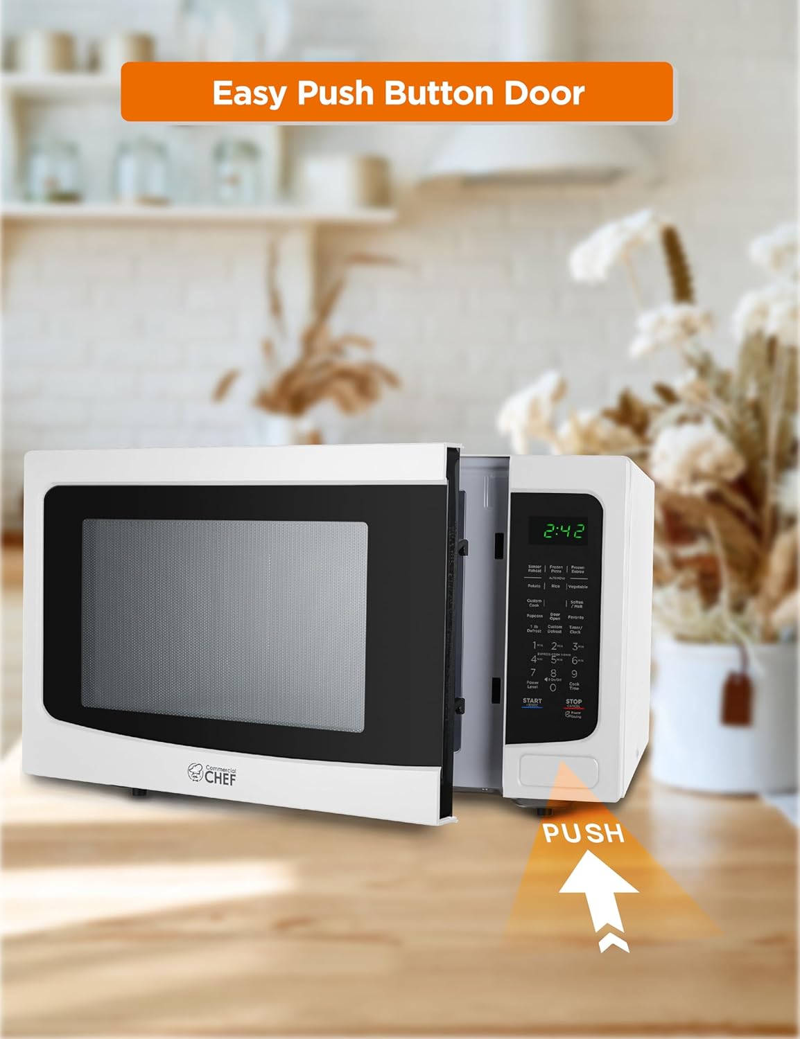 Commercial Chef 1.6 Cubic Foot Microwave with 10 Power Levels, Small Microwave with Push Button Child Safety Lock, 1100 Watt Microwave with Digital Control Panels, Countertop Microwave & Timer, White