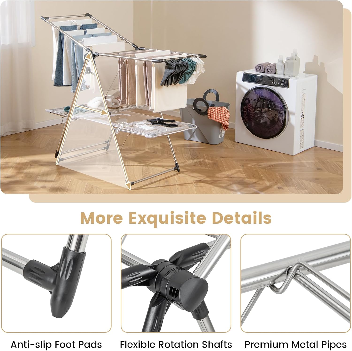 Giantex Clothes Drying Rack, Stainless Steel Foldable Laundry Drying Rack with with 6-Level Adjustable Height, High Hanger Design, Side Clips, Space Saving Collapsible Laundry Drying Rack