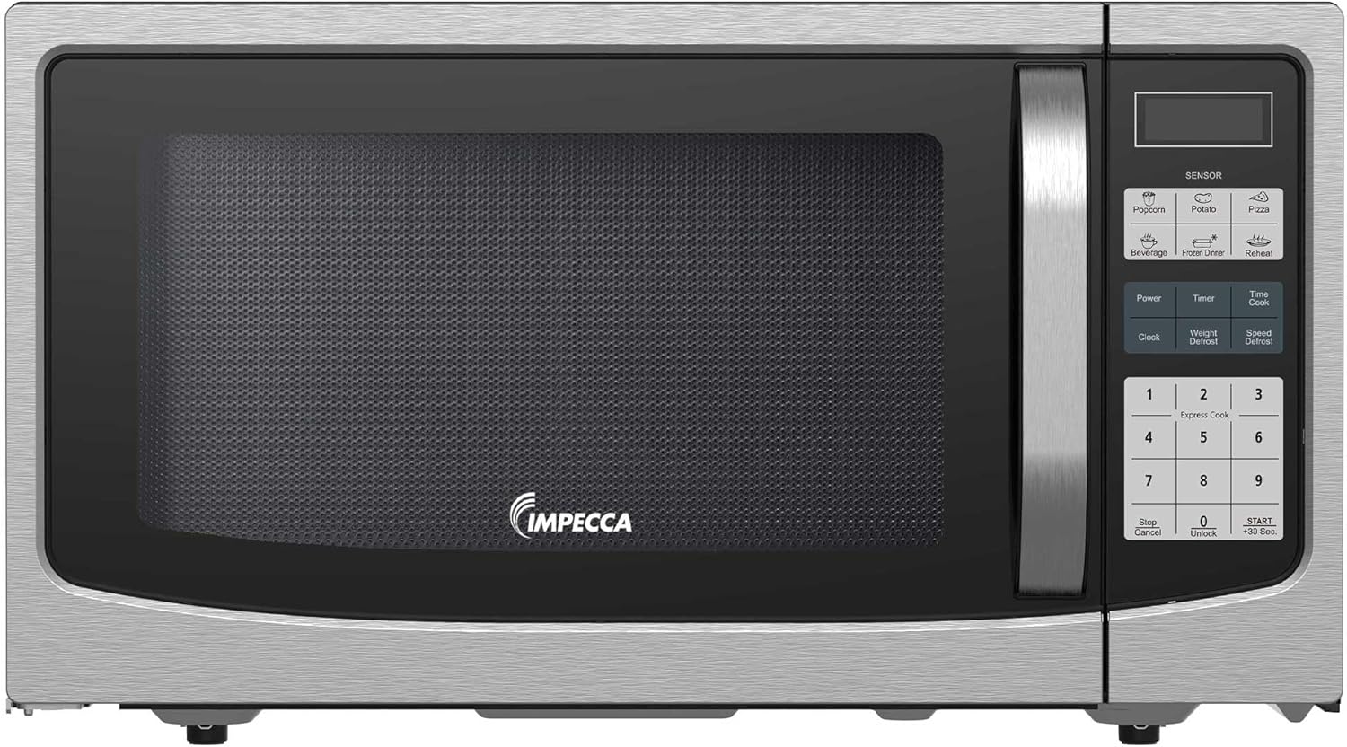 Impecca 1.6 Cu.Ft. Countertop Microwave, 1100W, Built-In Smart Sensor Cooking, 12.8-Inch Large Turntable, Stainless Steel