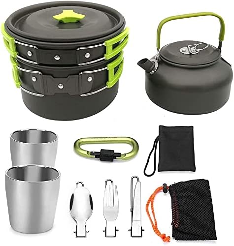 Camping Cookware Kit, Aluminum Lightweight & Compact Non Stick Foldale Camping Utensils Set, Stackable Cooking Pots and Pans Kettle for 1-2 People Outdoor Backpacking Gear Hiking BBQ Picnic