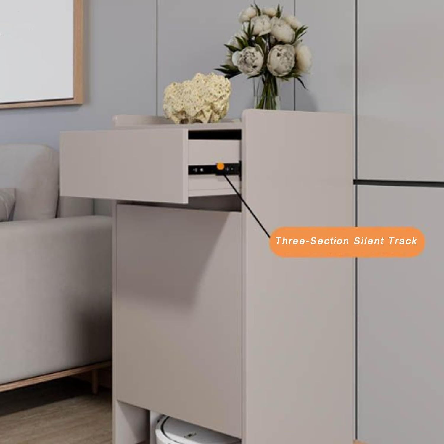 Robot Vacuum Cabinet with Doors & Drawers, Mobile Hidden Storage Cabinet with Wheels, Narrow Corner Wooden Stand for Living Room, Dining Room, Kitchen, Home Office(Champagne)