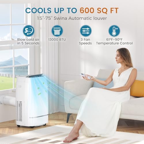 13000 BTUs Portable Air Conditioner with cooling/dehumidification/fan/sleep mode, 4-IN-1 Portable AC with 24H Timer & Remote Control & Window Kit