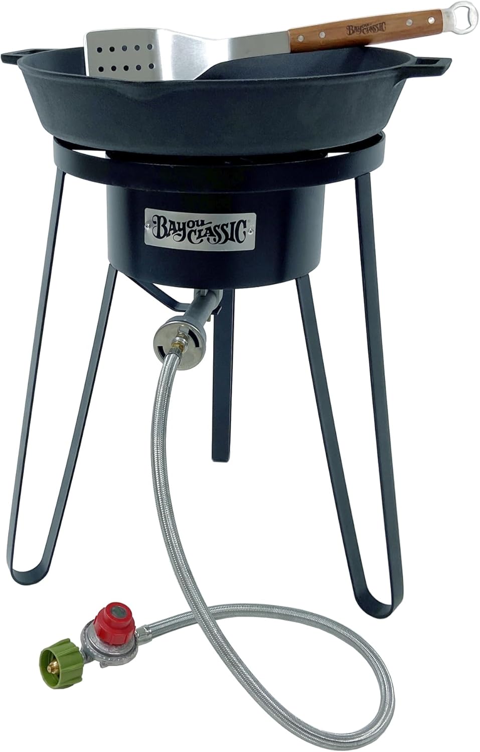Bayou Classic Outdoor Cooking Combo – High Pressure Propane Burner, 16-in Cast Iron Skillet & Stainless Grill Spatula for Backyard & Camp Cooking