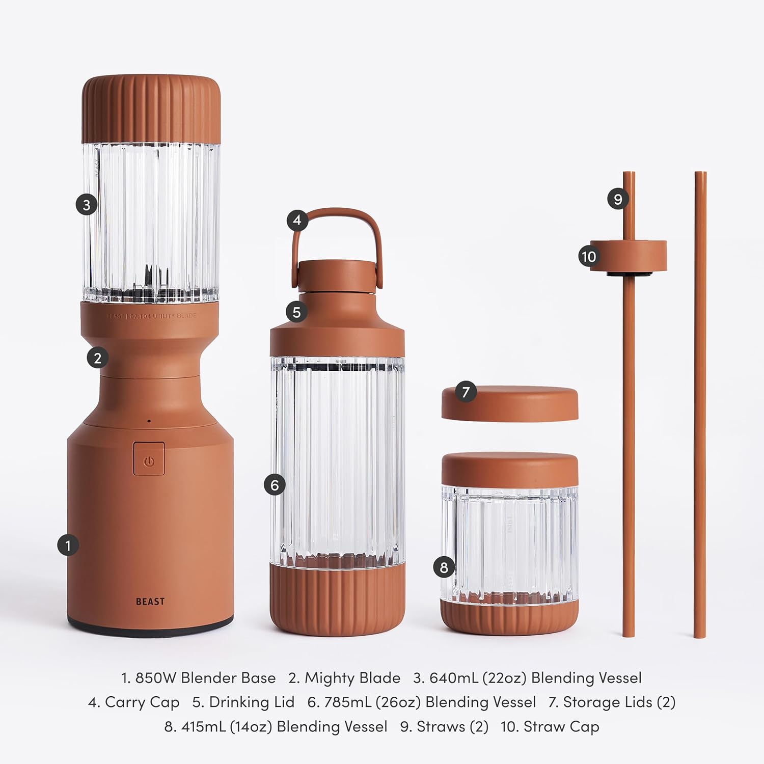 Beast Mighty 850 Plus | Premium Compact Personal Blender | Smoothies, Shakes, Dressings, Sauces | Blends Ice and Frozen Fruit | New XL Vessel | Extra Vessels, Lids and Straws | 850W (Terra)