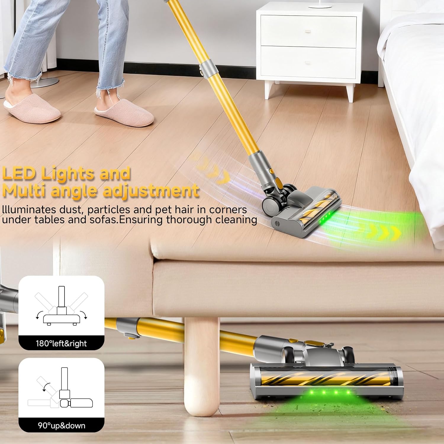 Cordless Stick Vacuum Cleaner - 45KPA Powerful Suction Vacuum with 45 Min Runtime, Detachable Battery, Anti-Tangle & 1.5L Dust Cup, 8 in 1 Vacuum Cleaner for Pet Hair, Carpet, HardFloor, Yellow