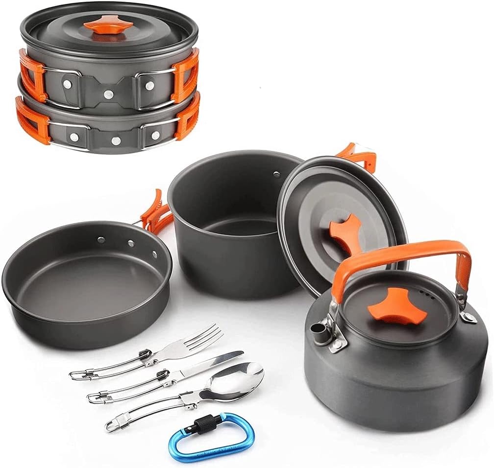 Camping Cookware Kit,Outdoor Cooking Set with Kettle,Lightweight Camping Pot and Pan for 2 to 3 People
