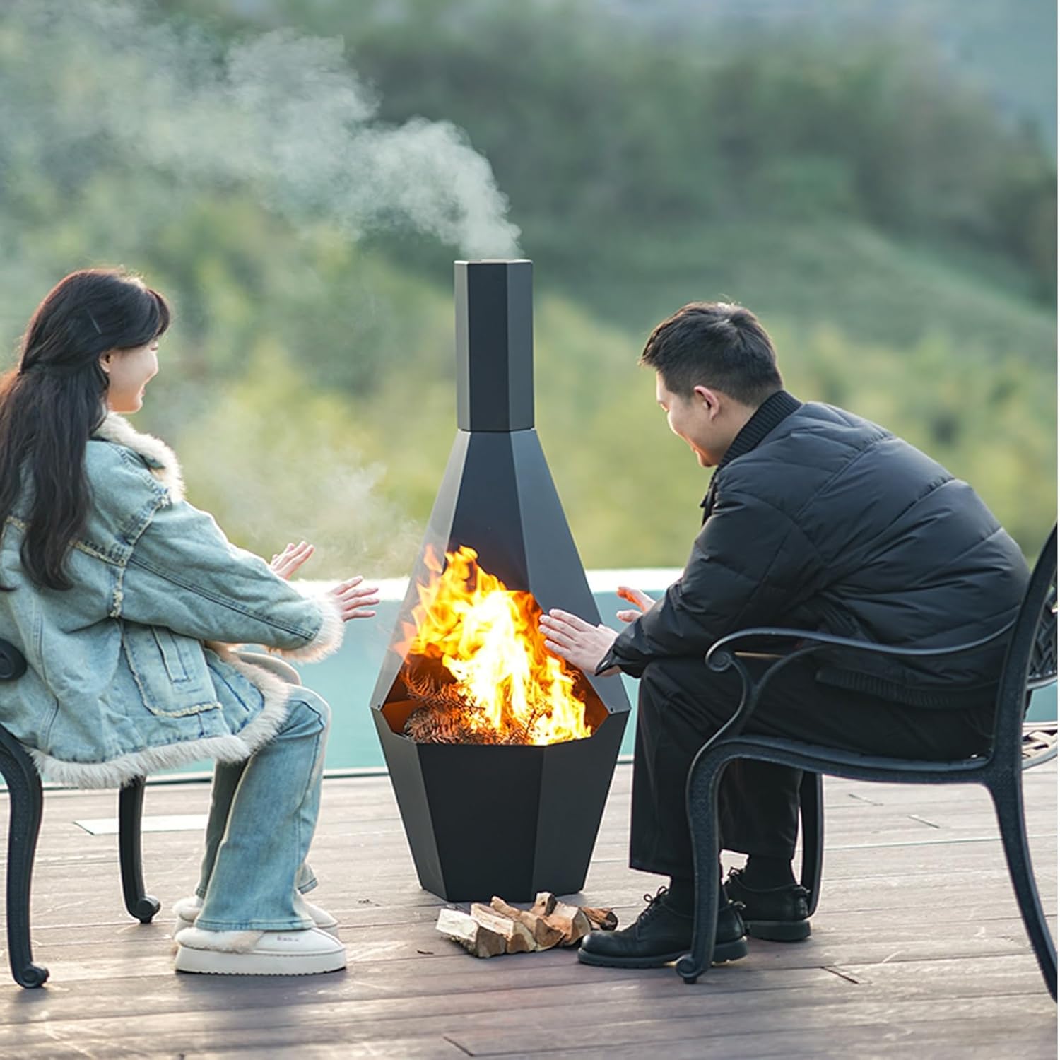 Chiminea Outdoor Fireplace, Outdoor Wood-Burning Chiminea Fire Pit, Camp Stove with Extended Chimney - 304 Stainless Steel Barbecue Grill, Firewood Brazier, Fire Hook