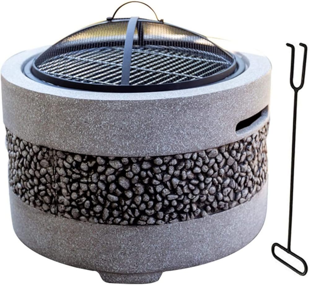 Outdoor Fire Pit Round Outdoor Fire Pit Bowl and Grill, 55 Cm Artificial Stone, Used for Outdoor Terraces, Three-in-one Large Fire Pit, Gray