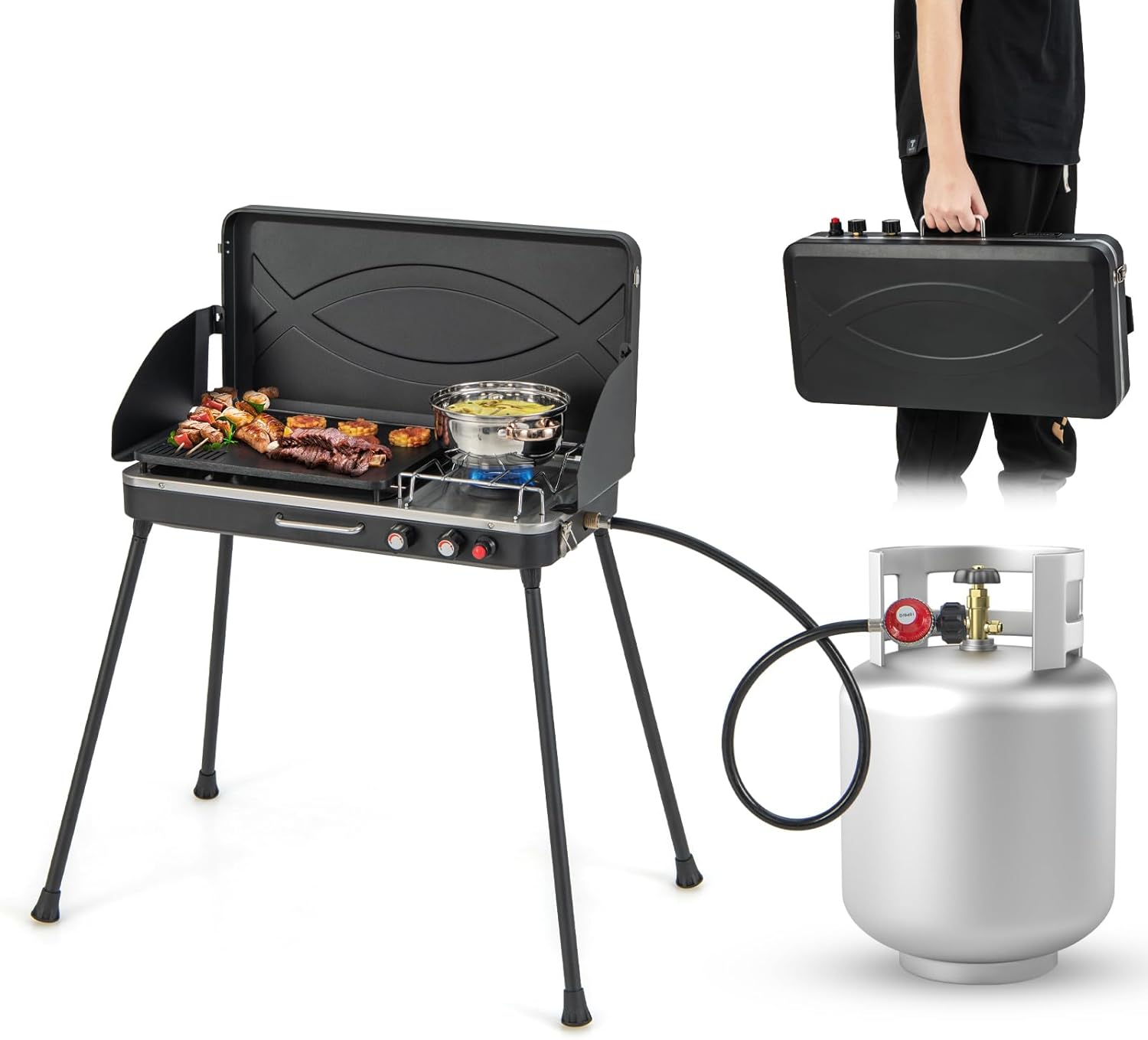 LDAILY 2-Burner Portable Gas Grill, Portable BBQ Grill Propane with Removable Legs, 20,000 BTU Dual Cooking Zones, Wind Guard & Foldable Design, Outdoor Camping Stove, Picnics, Party (Black)