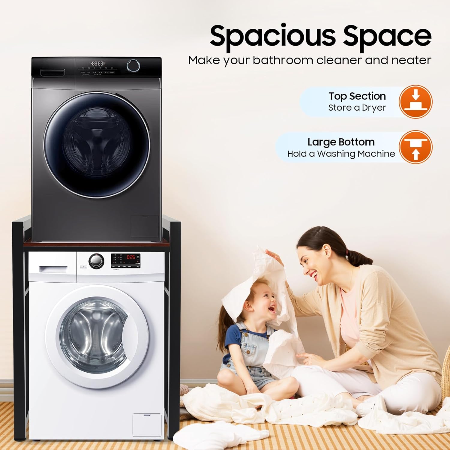 Heavy Duty Washer Dryer Stand & Appliance Storage Rack, 418Lb Capacity Adjustable Height, Steel Solid Wood Laundry Shelf for Home Utility Room, Black/Teak