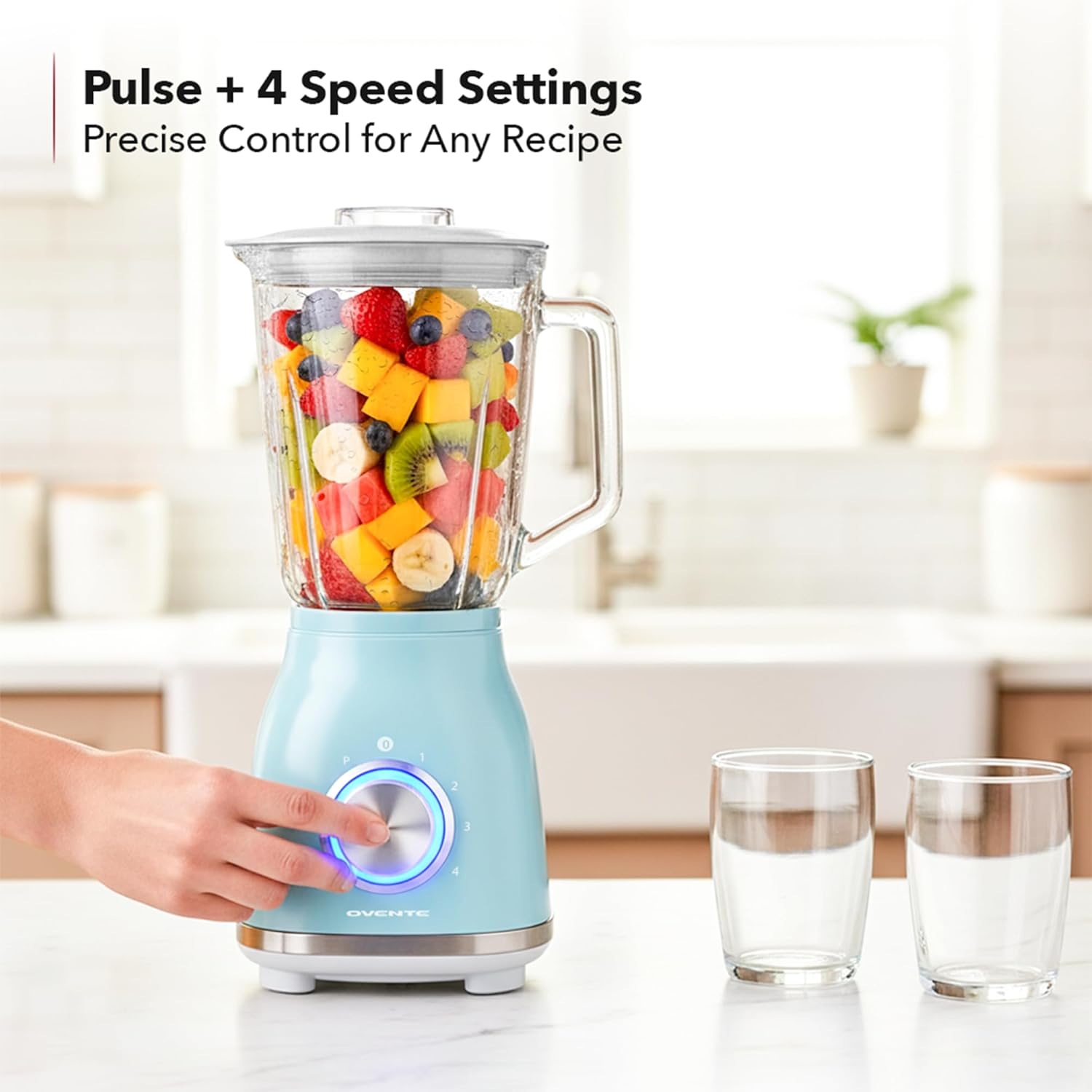 OVENTE Countertop Blender for Shakes and Smoothies with 550W Motor, 50 Oz Glass Jar and Adjustable 4 Speed Settings Ideal for Frozen Fruit Drinks, Puree, Ice Crush, Sauces and More, Blue BLH2604LBL