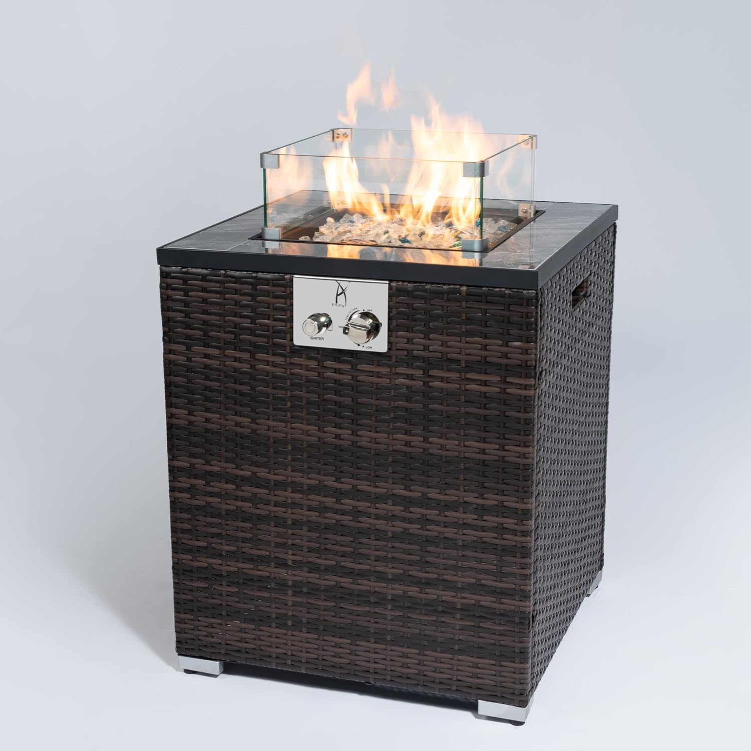 Designer Fire Pit Table with Ceramic Tile and Wicker Accent, 24-Inch Square Propane Heater in Espresso Provides 50,000 BTU for Cozy Outdoor Entertainment