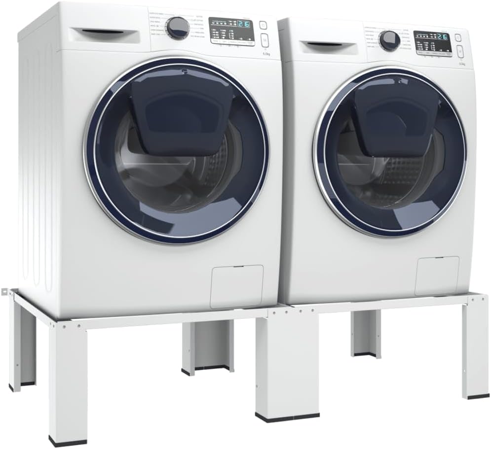vidaXL Sturdy Steel Washing Machine Pedestal with Pull-Out Shelf, Universal Fit for Standard Machines, Floor Protection Rubberised Feet, White.