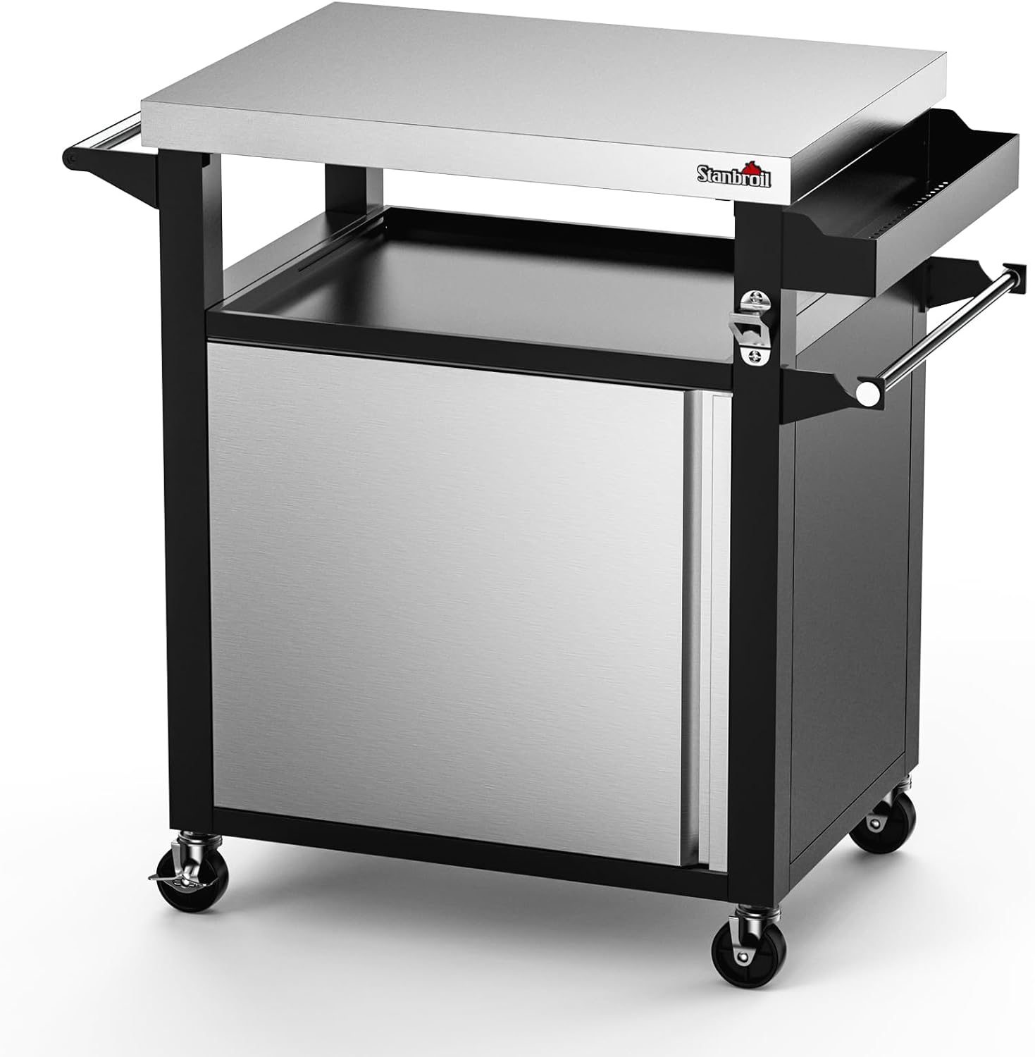 Stanbroil Rolling Grill Table Cart with Storage Cabinet, 3-Shelf Movable Prep Table Outdoor Bar, Multifunctional Grill Cart with Stainless Steel Tabletop, Paper Towel Holder