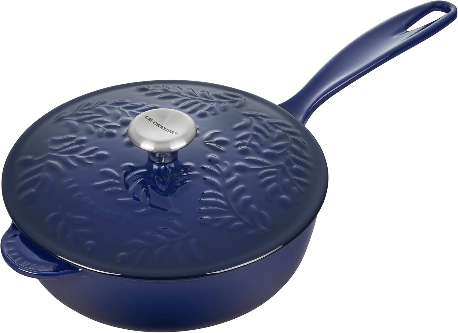 Le Creuset Olive Branch Collection Enameled Cast Iron Saucier, 2.25 qt., Indigo with Embossed Lid