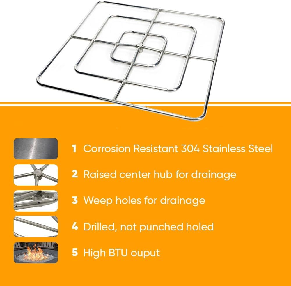 HPC Square Match Lit Fire Pit Burner Kit with 48x48-Inch Stainless Steel Burner and 54x54-Inch Flat Pan, Natural Gas, Polished Chrome, with Flange, Key, Valve, Flex Line and Fittings