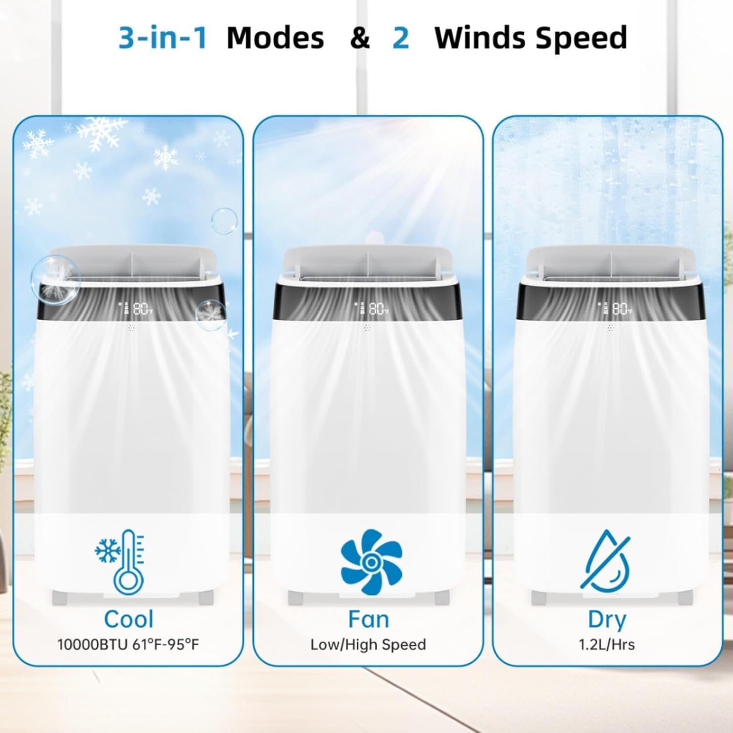 10000 BTUs Portable Air Conditioner, Floor AC Unit Cools Up to 500 Sq. Ft, Multifunctional Air Conditioner with 2 Wind Speed, Remote & Timer, for Office/Home