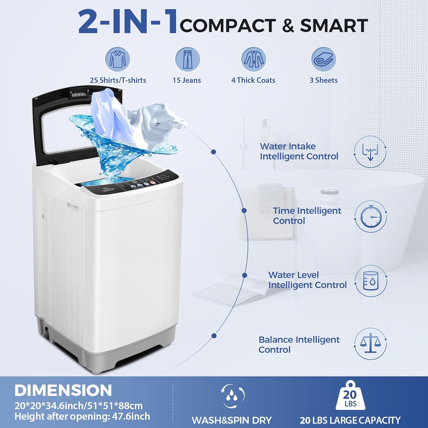 Nictemaw Portable Washing Machine 20Lbs Capacity 2.8 Cu.ft Portable Washer and Dryer Combo with 10 Programs and 8 Water Level Selections Compact Washer Machine for Apartments, Dorms, Rv-Glass Cover
